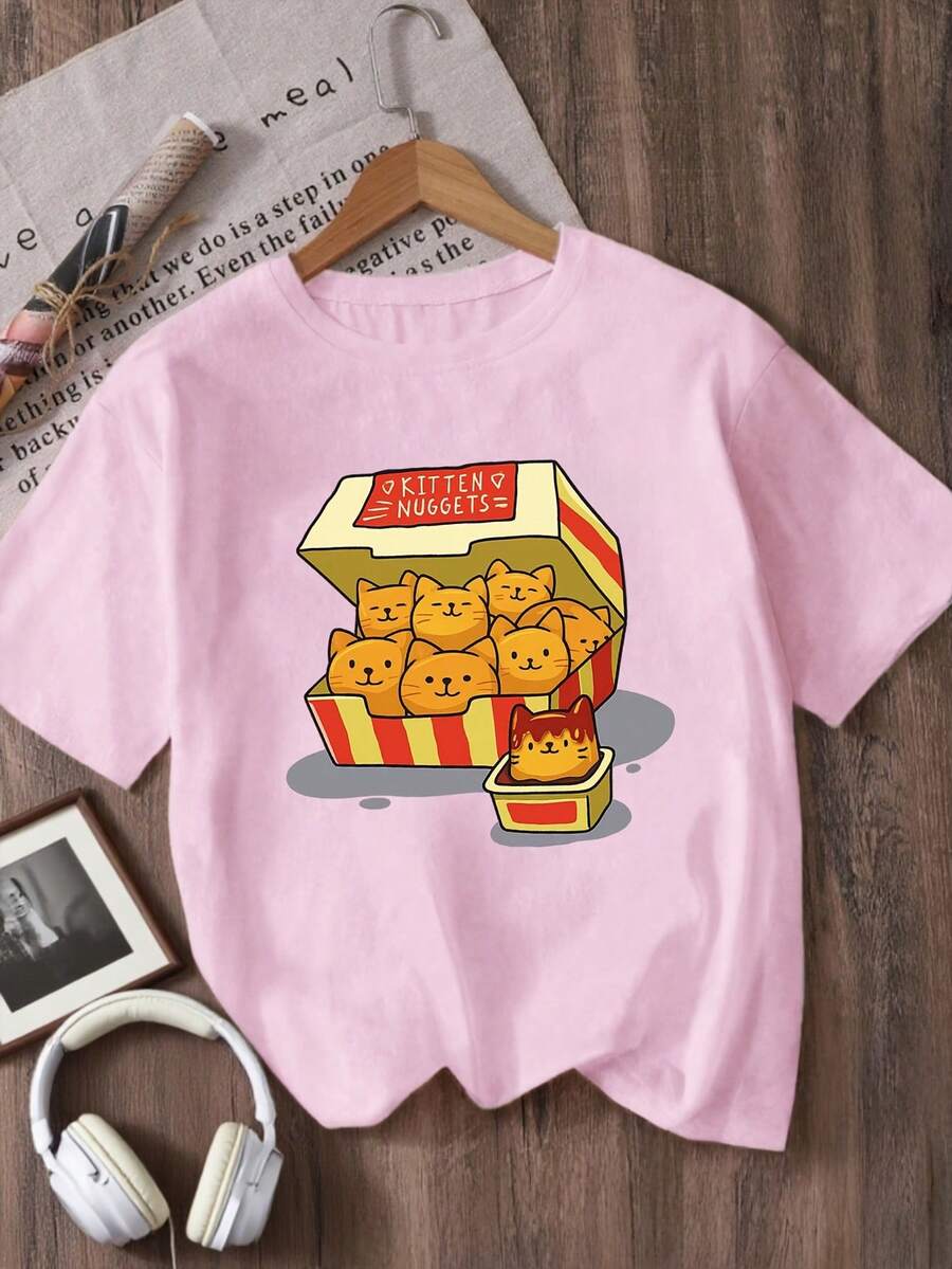 Printed Crew Neck T-Shirt For Girls - Pink - View 1
