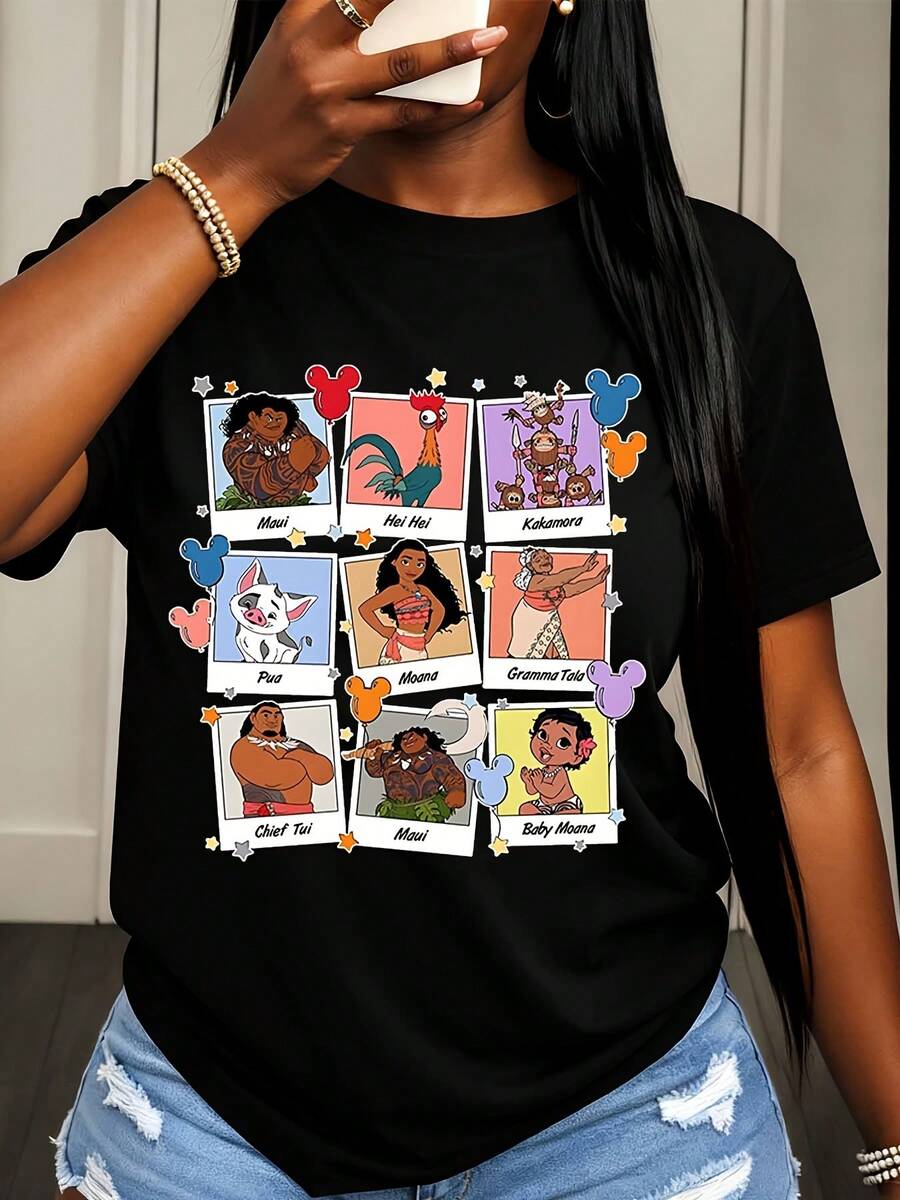 Disney Lilo And Stitch Characters Print T-Shirt Women Casual Summer Fashion Streetwear Style - 黑色 - 查看 1