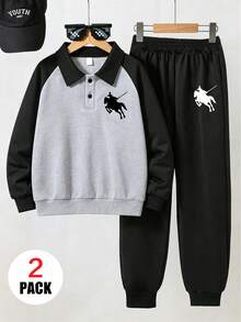 Boys Polo Collar Sweatshirt & Sweatpants 2 Pieces Set, Knight Print, Comfortable & Soft, Suitable For Commuting, School And Sports - Multicolor - View 1