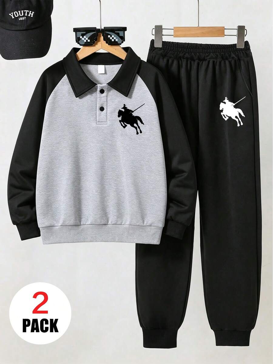 Boys Polo Collar Sweatshirt & Sweatpants 2 Pieces Set, Knight Print, Comfortable & Soft, Suitable For Commuting, School And Sports - Multicolor - View 1