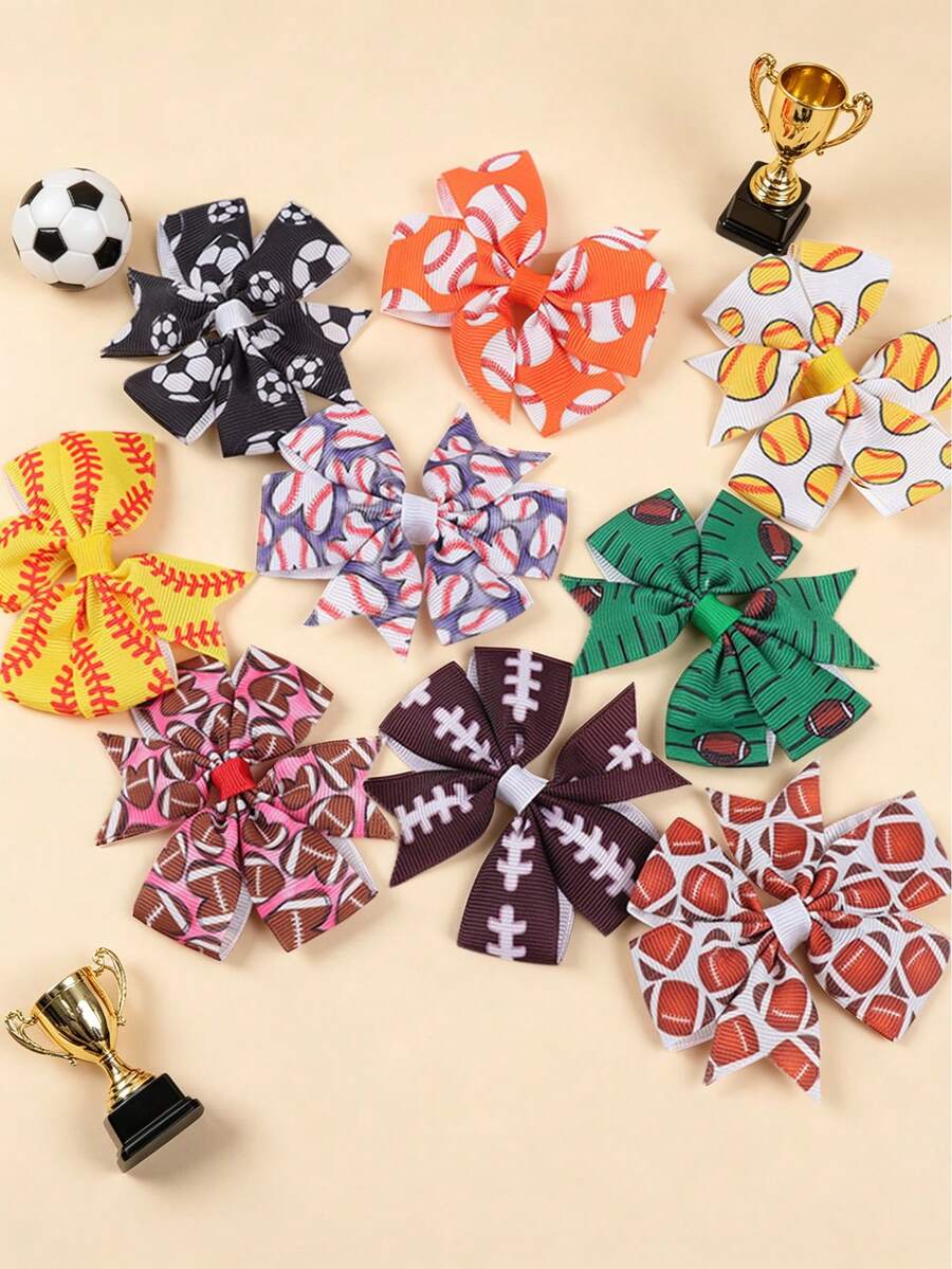 1/10/20 Girls World Cup Sports Theme Hair Clips - Polyester Bow Hair Clips With Soccer, Volleyball And Other Patterns - Suitable For Parties, School - Multicolor - View 1