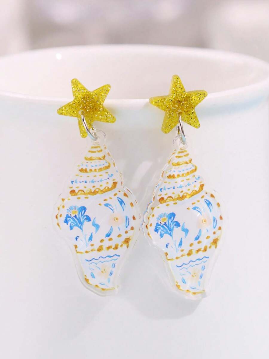 1 Pair Elegant Bohemian Design Fresh Unique Personalized Summer Marine Life Star Blue & White Print Seashell Acrylic Women's Earrings Suitable For Daily Commute, Summer Beach Party Wear Women's Jewelry - Multicolor - View 1
