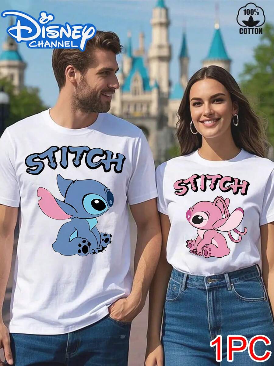 Lilo & Stitch Couple T-Shirts: Graffiti-Style STITCH Lettering Cartoon Print Couple Outfits,Family Matching Outfit,Disney Couple Outfits - White 1 - View 1