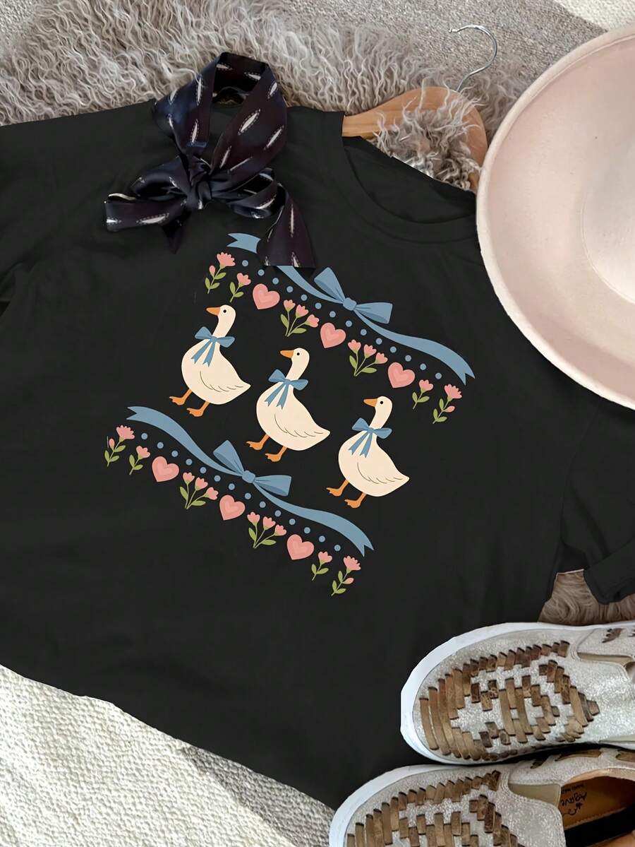 Women's 80s Retro Summer T-Shirt, 100% Cotton, Goose Print, Round Neck, Short Sleeves, Casual And Simple Style For Everyday Wear, Fun T-Shirt For Women. - 黑色 - 查看 1