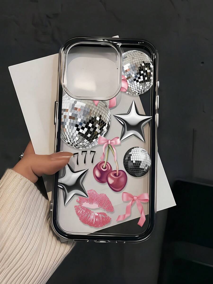 1個黑色邊框透明極簡鏡頭保護防摔防撞粉色嘴唇銀色球星圖案手機殼 個性化適用於 16 Pro Max 17/16/15/14 Plus/13/12/11 保護殼 Air - 彩色 - 查看 1