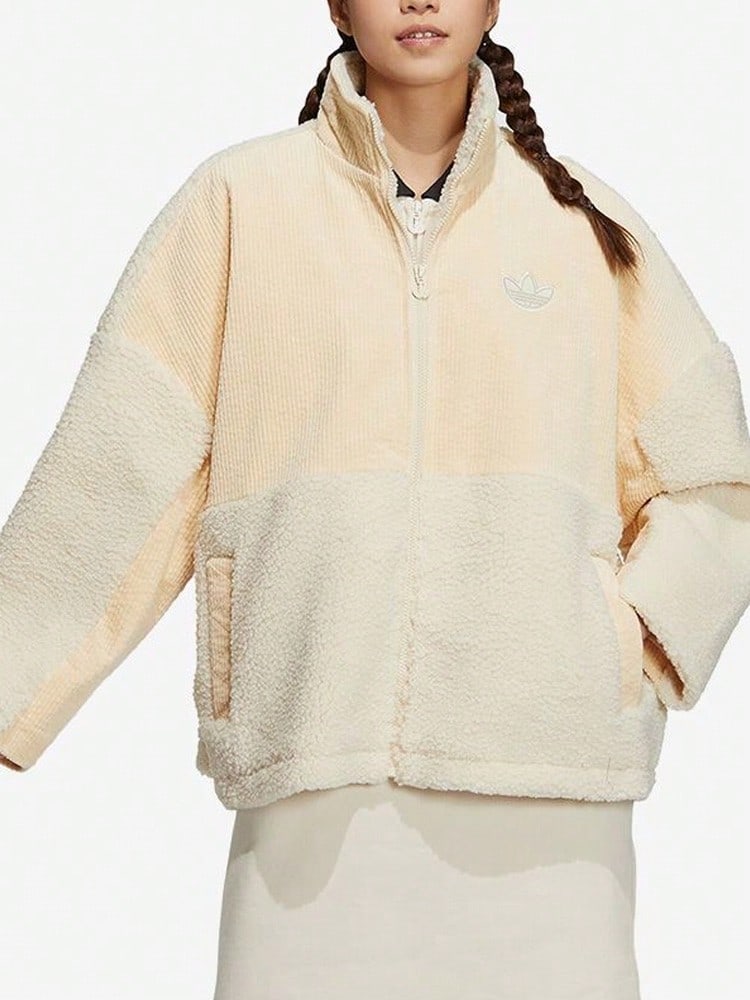 Adidas Originals Adicolor Trefoil Color Block Logo Embroidered Zipper Retro Stand Collar Lambswool Coat Women's White - White - View 1