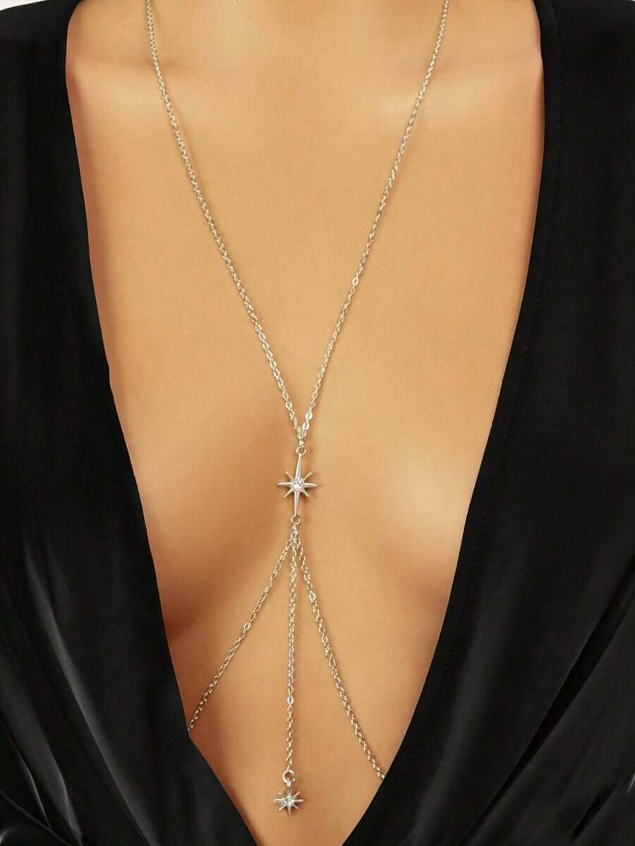 1 Stück Boho-Stil Sommer Strand Bikini Sexy Hexagramm Anhänger Neckholder Brustkette Körperkette - Silberner Diamantstern mit sechs Zacken - Übersicht 1