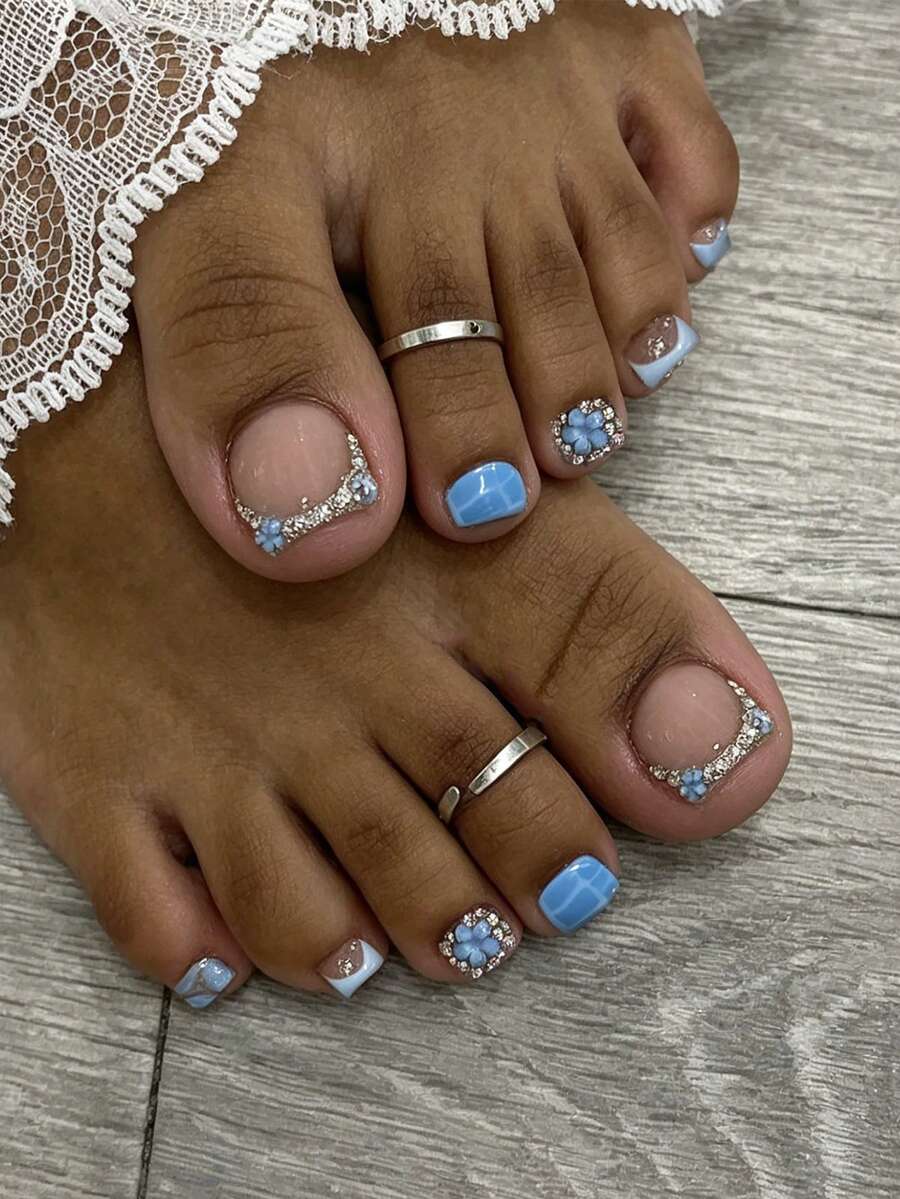 24pcs Short Square Press-On Toenails, Elegant Shiny Rhinestone Blue 3D Flower Tortoise Shell Pattern Blue French Full Coverage Toenail Set, Includes Jelly Glue And Mini Nail File, Suitable For Women And Girls Daily Wear, Parties, Shopping, Dates, DIY, Jelly Glue Sent Randomly - Multicolor - View 1