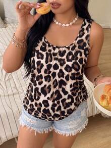 Plus Size Women Leopard Print Round Neck Wide Strap Tank Top, Casual Daily Wear For Spring/Summer - Multicolor - View 1