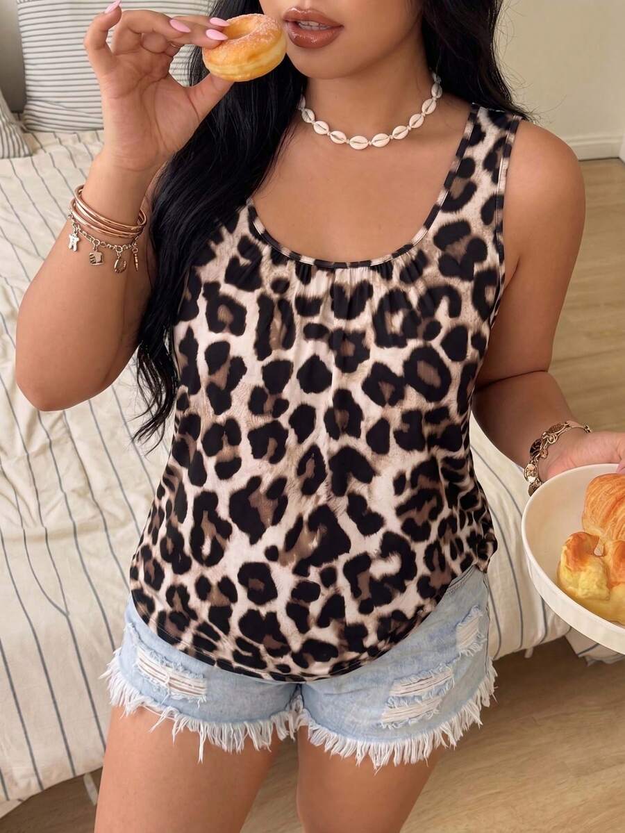 Plus Size Women Leopard Print Round Neck Wide Strap Tank Top, Casual Daily Wear For Spring/Summer - Multicolor - View 1