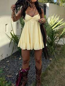 DORISS Summer Pink Polka Dot Ruffle Strap Dress, Beach Vacation Party Style, Festival Elegant Dress Yellow - Yellow - View 6
