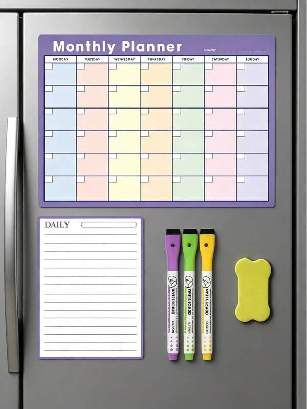 1/6 Imán de nevera colorido, planificador semanal, planificador mensual, calendario borrable, rastreador de hábitos, pizarra de borrado en seco, pegatina magnética móvil