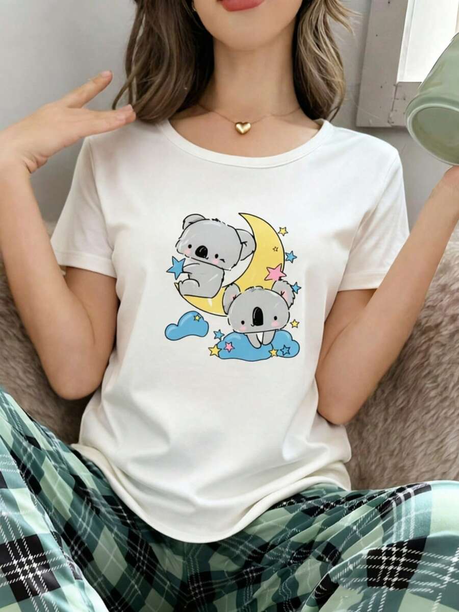 1件白色卡通印花短袖女款睡衣上衣 - 白色 - 查看 1