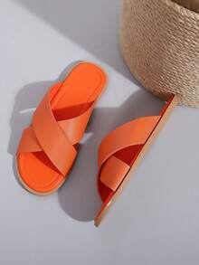 Men's Striped Slip-On Flat Sandals, Vacation Beach Spring/Summer Fashion Orange Home Slippers - Orange - View 7