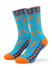 1 Pair Men Lizard Print Crew Socks, Blue & Orange Plaid Trim, Soft & Breathable, Fun Reptile Design, Great For Christmas & Holiday Gifts. - Multicolor - View 3