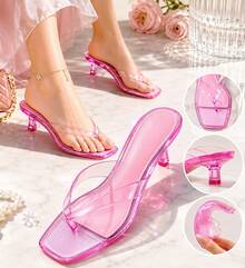 Women Pink Clear Strap Kitten Heel Sandals Square Toe Jelly Slides Slip On Low Heel Thong Slippers Y2K Transparent Strappy Mules Dress Shoes - 粉色 - 查看 1