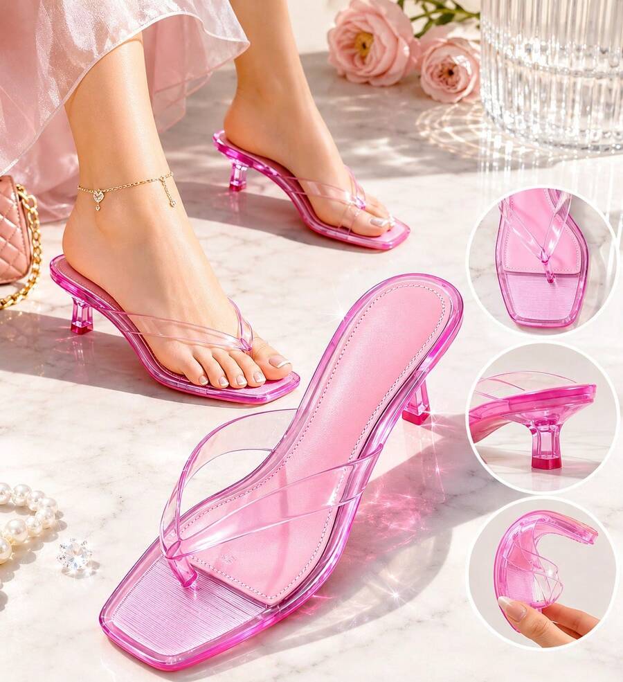 Women Pink Clear Strap Kitten Heel Sandals Square Toe Jelly Slides Slip On Low Heel Thong Slippers Y2K Transparent Strappy Mules Dress Shoes - 粉色 - 查看 1