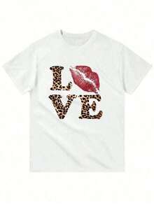 Men's Plus Size Cropped T-Shirt, Leopard Print Love, Y2k Style, (1 Piece), 100% Cotton, Casual Printed T-Shirt, Crew Neck, Short Sleeve, 220g Cotton T-Shirt - 白色 - 查看 1
