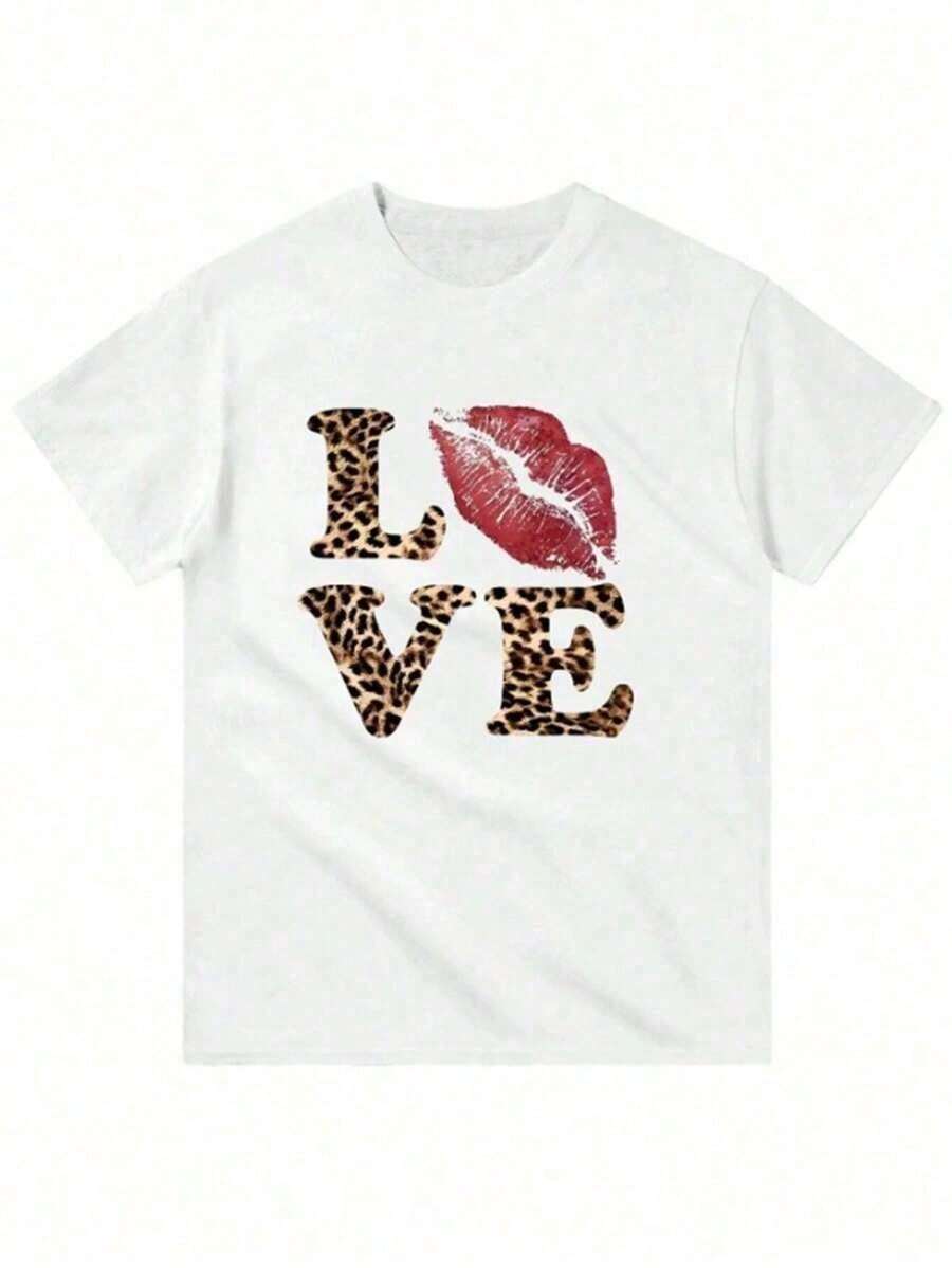 Men's Plus Size Cropped T-Shirt, Leopard Print Love, Y2k Style, (1 Piece), 100% Cotton, Casual Printed T-Shirt, Crew Neck, Short Sleeve, 220g Cotton T-Shirt - 白色 - 查看 1