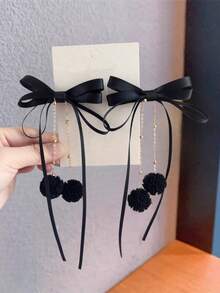 2入 女童精緻高級面料蝴蝶結鏈條流蘇緞帶髮夾 - 黑色 - 查看 6