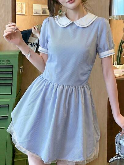 Đầm sơ mi nữ mùa hè cổ Peter Pan sọc xanh tay ngắn, eo chiết, chân váy phồng