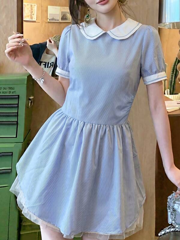 Đầm sơ mi nữ mùa hè cổ Peter Pan sọc xanh tay ngắn, eo chiết, chân váy phồng