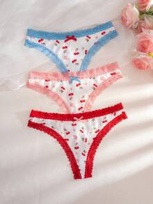 3 Stück/Pack Damen bedruckte Spitzen-Patchwork Schleifen Komfort Tanga Höschen - Weiss - Übersicht 1