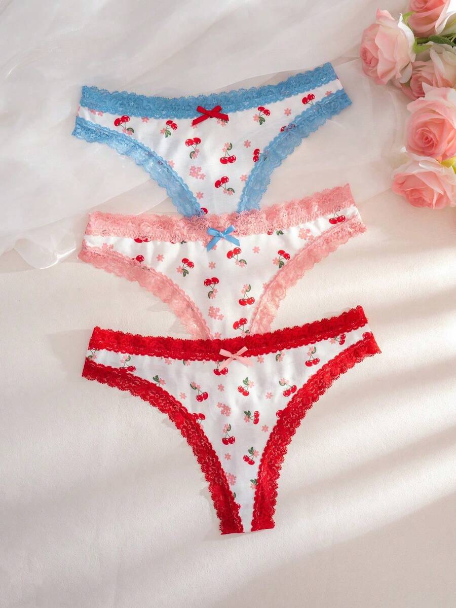 3 Stück/Pack Damen bedruckte Spitzen-Patchwork Schleifen Komfort Tanga Höschen - Weiss - Übersicht 1