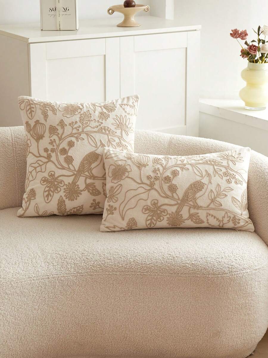 1件米色天鵝絨花鳥刺繡枕套，四季通用，適合室內裝飾，不含枕芯