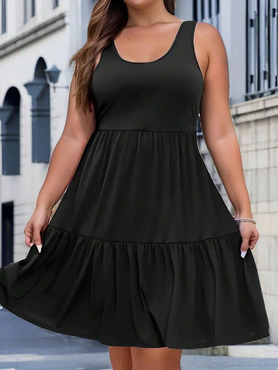 Vestido de talla grande con cuello redondo, sin mangas y volantes en la espalda - Negro 2 - Ver 1