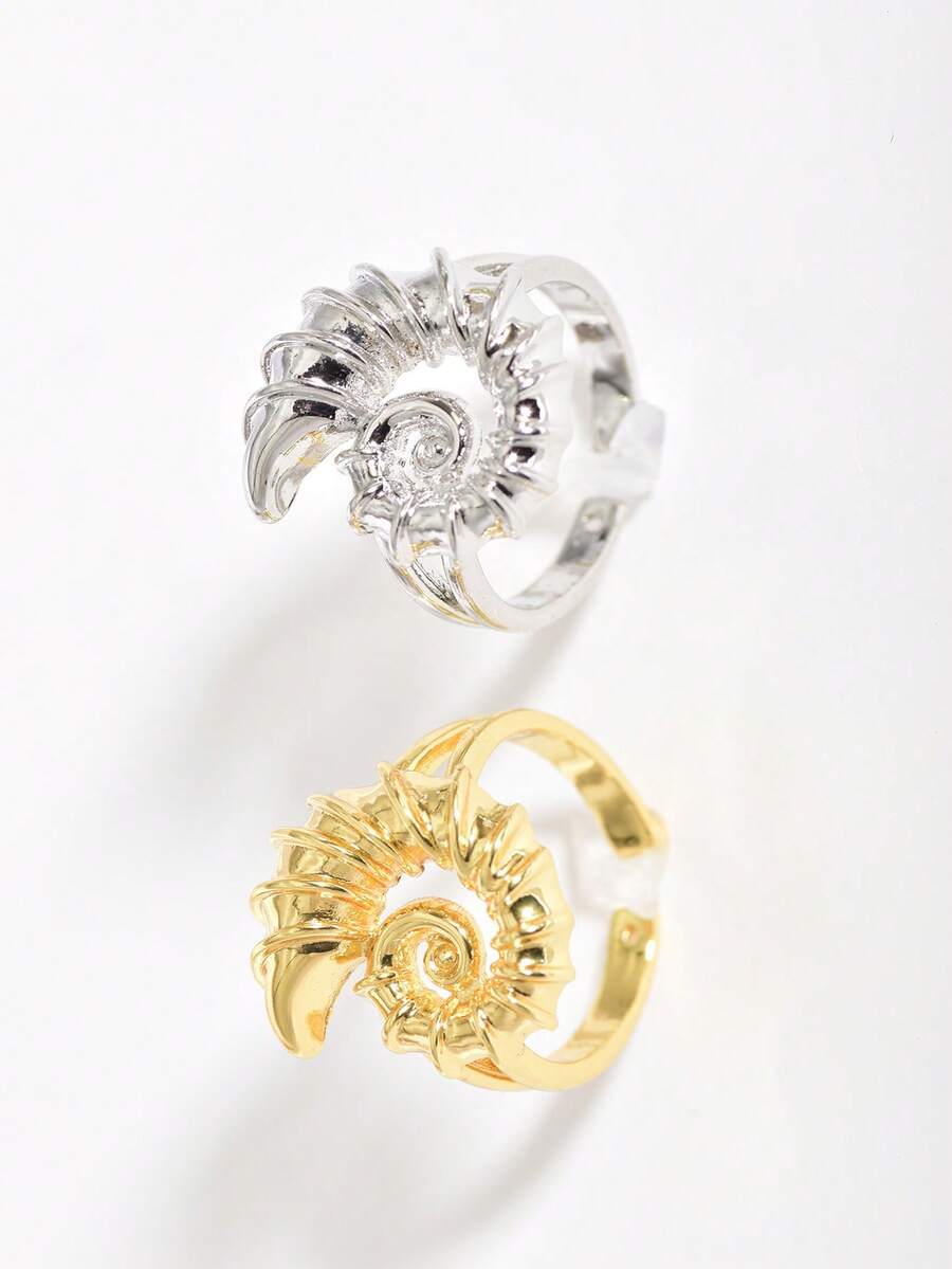 1pc Conch Shell Shaped Open Ring, Gold/Silver Color Options, Adjustable Niche Design Ring, Versatile Women's Accessory - Silver - View 1
