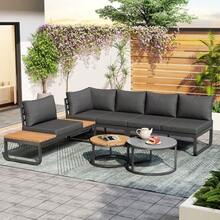 Garden Furniture Set (4-5 Seats), 2 Stackable Coffee Tables, Galvanized Iron Frame, Comfortable Garden Furniture, Grey Seat Cushions And Pillows Included, Adjustable Feet - Grey - View 10