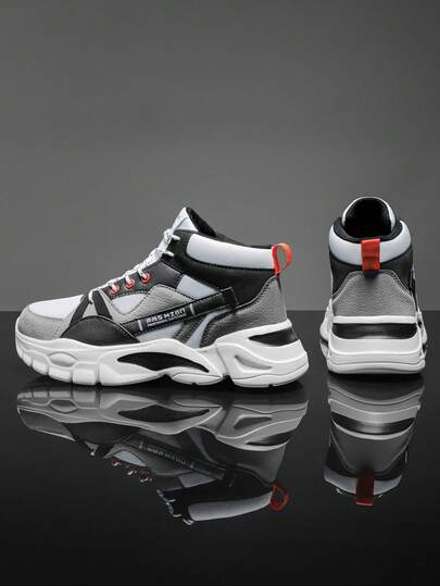 Men's Fashion White & Grey Color Block Patchwork Design Lace-Up High-Top Sneakers, Outdoor Commute Daily Streetwear Comfortable Easy Style Versatile Casual Walking Shoes