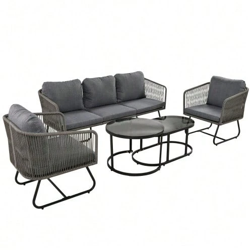 Conjunto de muebles de jardín con estructura de hierro galvanizado, muebles de jardín de cuerda gris, patas ajustables, tablero de mesa de cristal liso, conjunto de 5 piezas, incluyendo todos los cojines de asiento y respaldo. - Gris - Ver 1