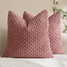 1pc/2pcs Bohemian Striped Throw Pillow Cover (Insert Not Included), Soft Plush Corduroy Solid Color Decorative Square Pillow Case, Suitable For Holiday, Sofa, Bedroom, Bed, All Seasons Use. - Coral Pink - View 19