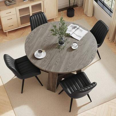 Extendable Dining Table Set, Round To Oval Table With 4 Upholstered Chairs, Woo…