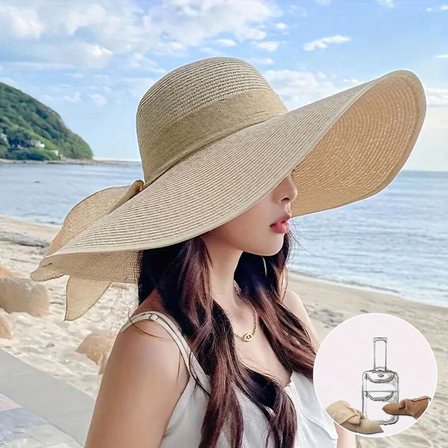 1件女款夏季戶外草帽，寬簷沙灘帽，多功能沙灘出遊帽，清新輕便帽，超寬簷沙灘帽，度假可折疊蝴蝶結緞帶帽，女款可折疊戶外沙灘帽 - 彩色 - 查看 1