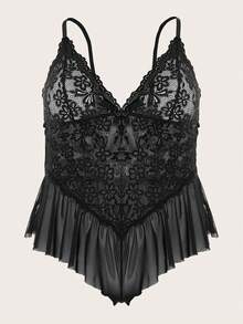 Women Plus Size One Piece Lace Bodysuit Strap Chemise Sheer Mesh Teddy - Black - View 6