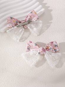 2pcs/4pcs Juego de pinzas para el cabello con lazo de malla floral para niñas, combinación adecuada para decoración diaria - Multicolor - Ver 2