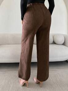 Brown Solid Textured Elastic Drawstring Wide Leg Long Pants With Double Patch Pockets High Waist Loose Floor-Length Casual Pants For Women - Coffee Brown - View 4