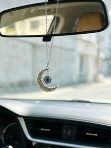 1PC Metal Blue Eye Car Hanging Ornament - Crescent Moon Shaped Exquisite Design Car Rearview Mirror Decoration, Fashionable And Durable Car Interior Accessory - A - View 4