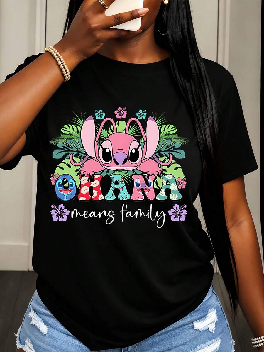 Disney Stitch And Lilo Ohana Means Family Print T Shirt Women Casual Summer Fashion Top For Everyday Wear Street Style Outfit - 黑色 - 查看 1