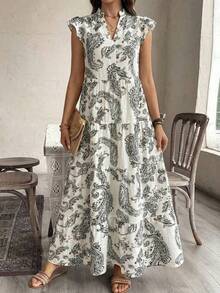 guang zhou mi qian shang mao  Vestido elegante de manga corta con estampado floral de anacardo de estilo bohemio para vacaciones, adecuado - Blanco y Negro - Ver 4