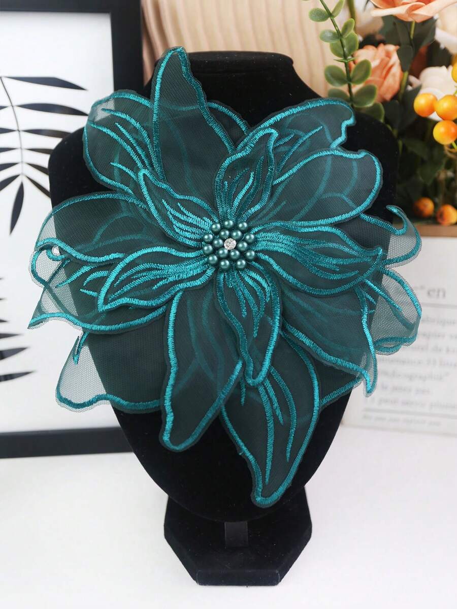 BNH3754 新款手工3D刺繡4層蕾絲水鑽珠飾婚紗DIY刺繡配件 寬度:23cm/由於光線、螢幕等原因,實際產品可能會有輕微色差 - 墨綠色 - 查看 1