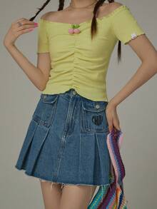 CHUU Women's Ruched Slim Fit T-Shirt, Spring 3D Cherry Sweet Youthful Chic Versatile Top - Yellow - View 3
