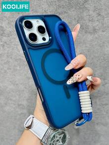 KOOLIFE 1件克萊因藍啞光磁吸手機殼附掛繩，對比色相機框設計，PC+TPU防摔保護殼，支援磁吸無線充電，休閒時尚背殼，適用於 Apple 17/17pro/17promax/17Air/16/15/14/13/12/11 - 藍色 - 查看 2
