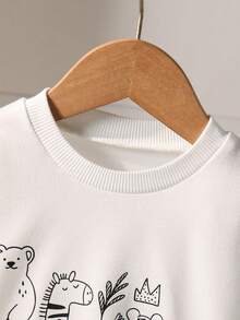 2pcs/Set Autumn Baby Boy Newborn Animal Print Long Sleeve Sweatshirt & Letter All-Over Print Long Pants Set, Bear Zebra Tiger Cartoon All-Over Print Pattern, Slightly Elastic, Suitable For Baby Newborn Daily Wear, Great Gift - White - View 3