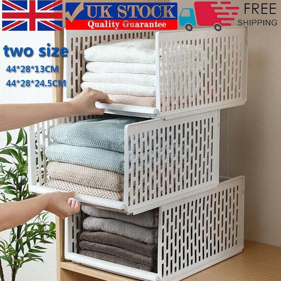 White Wardrobe Drawer Units – Stackable Storage Boxes For Clothes, 2 Sizes Low Or High (44x28cm) - View 1
