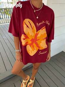 Tops Women Summer DEAR MOLLY Beach Club Swim Hibiscus Print T-Shirt,Casual Loose Round Neck Drop ShoulderShort SleeveTee,Daily Wear,&ComfortableY2k - 酒紅色 - 查看 8