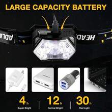 1件 USB充電式頭燈，COB與9顆XT LED超亮寬光束頭燈，附紅色警示燈，適合露營、釣魚、徒步、跑步 - 頭燈 - 查看 7